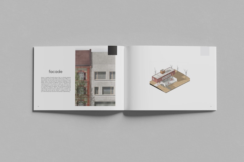 K&ouml;nnte beinhalten: Eine Doppelseite aus einem Buch &uuml;ber Architektur, mit einem Foto einer Geb&auml;udefassade und einer isometrischen Zeichnung desselben Geb&auml;udes. Der Text "Fassade" ist in Schwarz auf der Seite gedruckt.