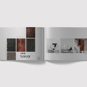May include: A magazine spread showcasing different wood textures and a collection of modern lamps. The text reads "material is the new luxury".