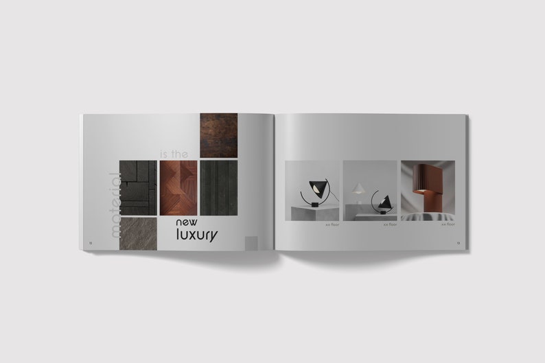 May include: A magazine spread showcasing different wood textures and a collection of modern lamps. The text reads "material is the new luxury".