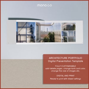 May include: A digital presentation template for architecture portfolios. The template is fully customizable and includes features like adding and deleting pages, changing fonts and colors, and adjusting the size of images. It is ready to print with bleed settings.