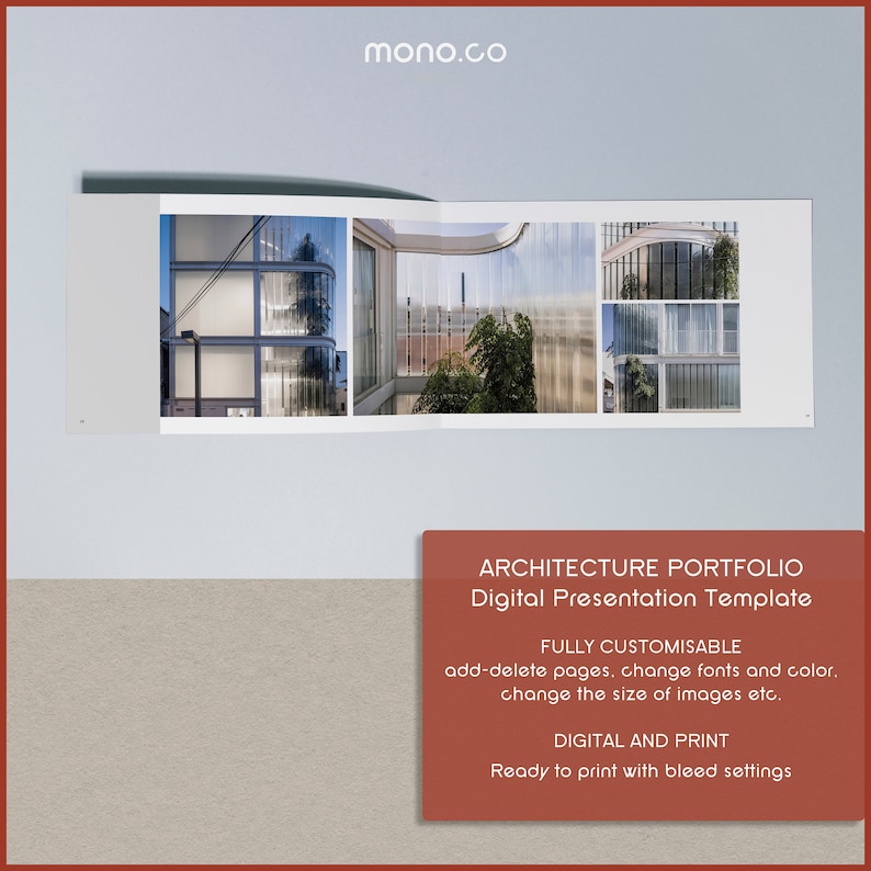 May include: A digital presentation template for architecture portfolios. The template is fully customizable and includes features like adding and deleting pages, changing fonts and colors, and adjusting the size of images. It is ready to print with bleed settings.