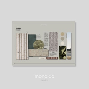 以下が含まれることがあります： 様々なテクスチャとパターンを使用したムードボード。ボードには、石の壁、緑色の生地、壁紙、ストライプの生地、風景画像が含まれています。ボードには、ベージュの3色からなるカラーパレットも含まれています。