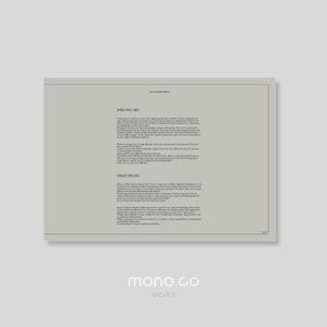 以下が含まれることがあります： 「私たちについて」と「私たちが行うこと」というテキストと、下部に「mono.co works」という会社名が入ったグレーとホワイトのドキュメントです。