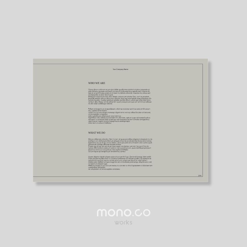 以下が含まれることがあります： 「私たちについて」と「私たちが行うこと」というテキストと、下部に「mono.co works」という会社名が入ったグレーとホワイトのドキュメントです。