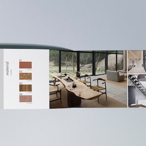 May include: A spread from a design magazine showcasing different materials. The page features a table with a natural wood top and a variety of chairs. The page also includes a section titled "material" with four different swatches of wood and stone.