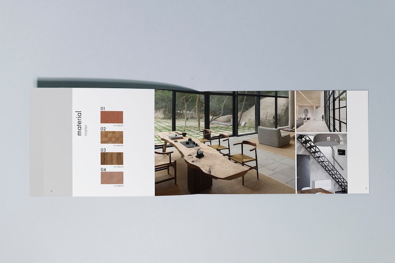 May include: A spread from a design magazine showcasing different materials. The page features a table with a natural wood top and a variety of chairs. The page also includes a section titled "material" with four different swatches of wood and stone.