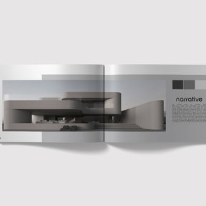 May include: A magazine spread featuring a 3D rendering of a modern, grey concrete house with a curved design. The text "narrative" is visible on the right page.