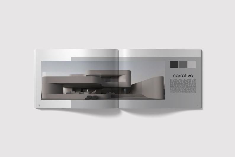 May include: A magazine spread featuring a 3D rendering of a modern, grey concrete house with a curved design. The text "narrative" is visible on the right page.