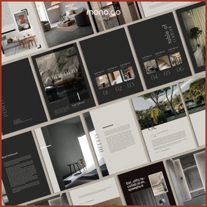 K&ouml;nnte beinhalten: Ein Schwarzwei&szlig;-Portfolio, das Innendesignprojekte zeigt. Das Cover zeigt den Text "PORTFOLIO" in einer wei&szlig;en serifenlosen Schrift. Die Innenseiten zeigen Bilder von modernen Innenr&auml;umen mit minimalistischer &Auml;sthetik.