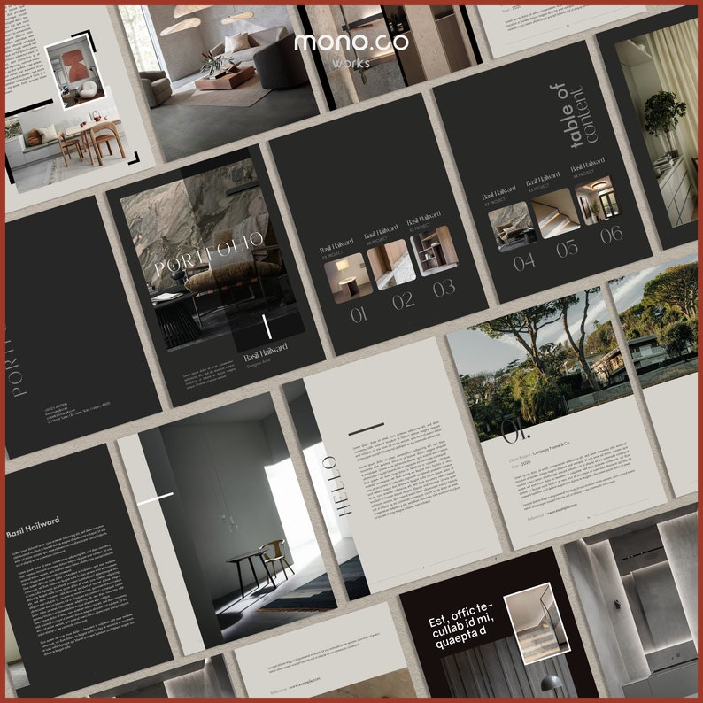 K&ouml;nnte beinhalten: Ein Schwarzwei&szlig;-Portfolio, das Innendesignprojekte zeigt. Das Cover zeigt den Text "PORTFOLIO" in einer wei&szlig;en serifenlosen Schrift. Die Innenseiten zeigen Bilder von modernen Innenr&auml;umen mit minimalistischer &Auml;sthetik.