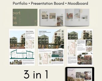 Può includere: Un pacchetto di design con portfolio, presentazione e moodboard. L'immagine mostra una copertina di portfolio, una presentazione con sei sezioni e rendering architettonici. Il pacchetto è etichettato come "3 in 1 Design Bundle."