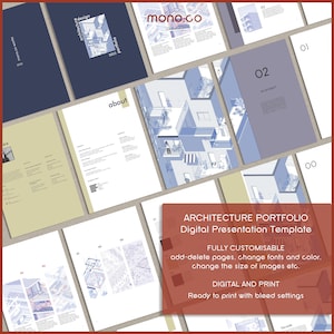 以下が含まれることがあります： 建築ポートフォリオ用のデジタルプレゼンテーションテンプレート。テンプレートは完全にカスタマイズ可能で、青と白の建物のイラスト、赤いタイトルバー、白い背景など、さまざまなデザイン要素が含まれています。