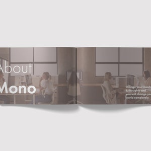 K&ouml;nnte beinhalten: Eine Gruppe von Personen arbeitet an Computern in einem modernen B&uuml;ro. Der Text "About Mono" ist im Bild sichtbar. Der Text "Change your mindset & thoughts and you will change your world completely." ist ebenfalls im Bild sichtbar.