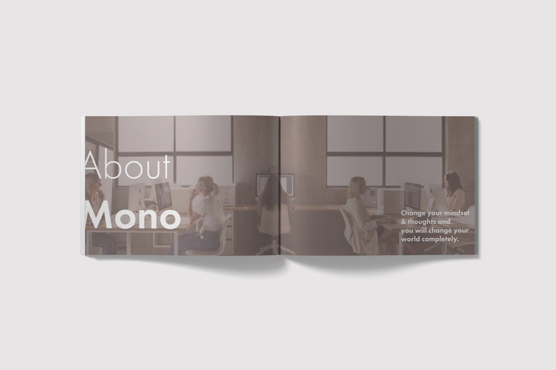 K&ouml;nnte beinhalten: Eine Gruppe von Personen arbeitet an Computern in einem modernen B&uuml;ro. Der Text "About Mono" ist im Bild sichtbar. Der Text "Change your mindset & thoughts and you will change your world completely." ist ebenfalls im Bild sichtbar.