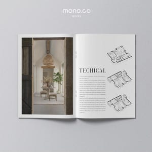Design de modelo de portfólio de designer de interiores - feito no Adobe Indesign; compatível com Canva, design de folheto do Powerpoint
