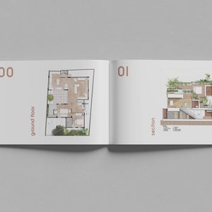 K&ouml;nnte beinhalten: Eine Doppelseite mit Architekturpl&auml;nen f&uuml;r ein Haus. Die linke Seite zeigt einen Grundriss mit der Bezeichnung "Erdgeschoss" und die rechte Seite zeigt einen Querschnitt mit der Bezeichnung "Schnitt".