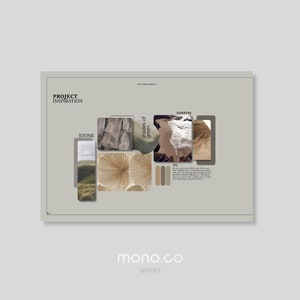 以下が含まれることがあります： 石、キノコ、ビーチのシーンの画像が載ったムードボード。ボードは「石」、「緑のグラデーション」、「海岸」という3つのセクションに分かれています。