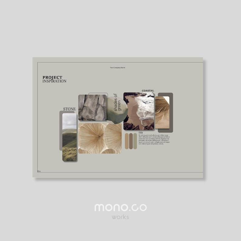 以下が含まれることがあります： 石、キノコ、ビーチのシーンの画像が載ったムードボード。ボードは「石」、「緑のグラデーション」、「海岸」という3つのセクションに分かれています。