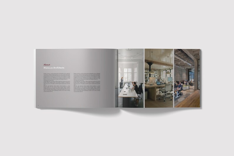 K&ouml;nnte beinhalten: Ein offenes Buch mit grauem Hintergrund und dem Text "About Mono.co Architects". Die rechte Seite zeigt ein Foto eines modernen B&uuml;roarbeitsplatzes mit einem langen Tisch, St&uuml;hlen und Personen, die an Computern arbeiten.
