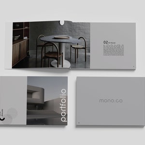 Modelo de Portfólio de Designer de Interiores Indesign - Brochura de Design de Interiores A3 Landscape - Formato Minimalista Indesign/Powerpoint/Canva