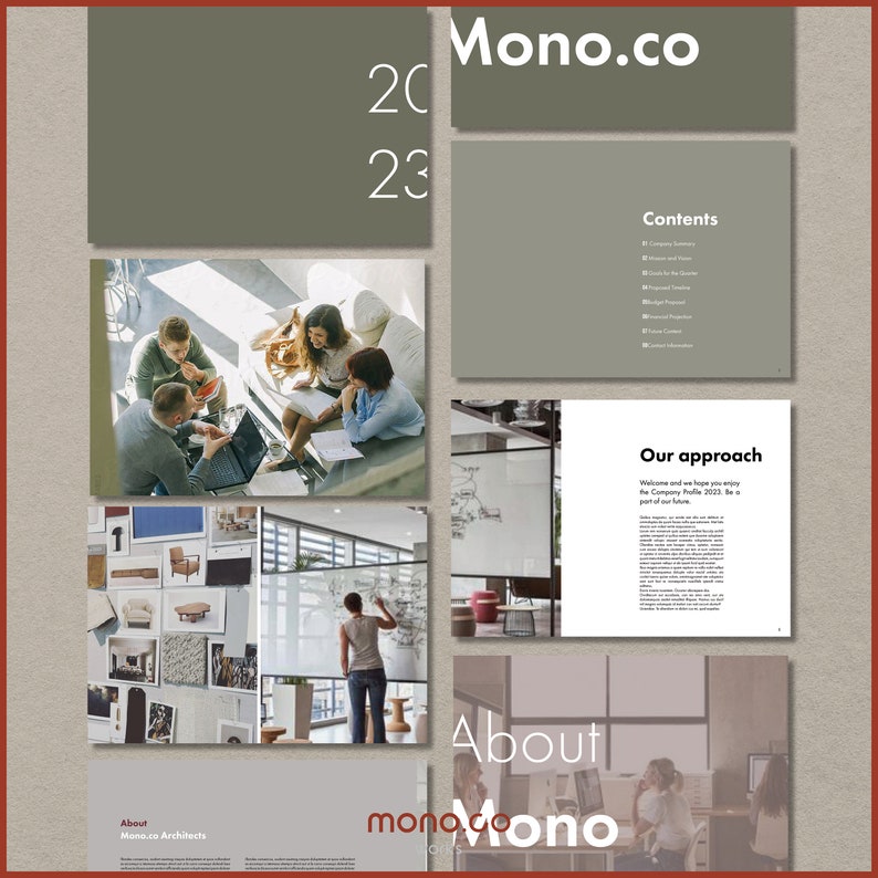 K&ouml;nnte beinhalten: Eine Brosch&uuml;re f&uuml;r Mono.co, ein Unternehmen, das Architekturdienstleistungen anbietet. Die Brosch&uuml;re zeigt Bilder eines Teams von Menschen, die in einem B&uuml;ro zusammenarbeiten, sowie Text &uuml;ber den Ansatz und die Dienstleistungen des Unternehmens. Die Brosch&uuml;re enth&auml;lt auch den Text "Mono.co" und "&Uuml;ber Mono.co Architects".