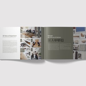 K&ouml;nnte beinhalten: Ein offenes Buch mit gr&uuml;nem Hintergrund und einer wei&szlig;en Seite mit dem Text "18 Years of Experience with Local and International Focus View" und einer Collage von Bildern von Menschen, die in einem B&uuml;ro arbeiten. Die gegen&uuml;berliegende Seite hat einen gr&uuml;nen Hintergrund mit dem Text "Concept Our Services & Markets" und einer Collage von Bildern von M&ouml;beln und Einrichtungselementen.