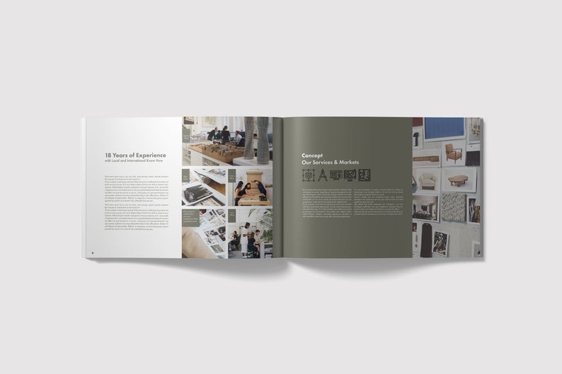 K&ouml;nnte beinhalten: Ein offenes Buch mit gr&uuml;nem Hintergrund und einer wei&szlig;en Seite mit dem Text "18 Years of Experience with Local and International Focus View" und einer Collage von Bildern von Menschen, die in einem B&uuml;ro arbeiten. Die gegen&uuml;berliegende Seite hat einen gr&uuml;nen Hintergrund mit dem Text "Concept Our Services & Markets" und einer Collage von Bildern von M&ouml;beln und Einrichtungselementen.