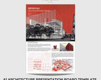 Può includere: Modello di pannello di presentazione architettonica A1 con un design rosso e bianco. Il pannello presenta un rendering architettonico dettagliato di un edificio etichettato "Cortevo Plaza" e include il testo "Printable & Editable". L'angolo in alto a sinistra ha il logo "mono.co works".