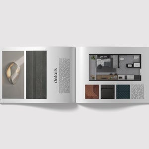 May include: A magazine spread showcasing interior design details. The left page features a close-up of a textured wall and a unique light fixture. The right page displays a floor plan of a small apartment with a bedroom, bathroom, and living area. The page also includes samples of different flooring materials.