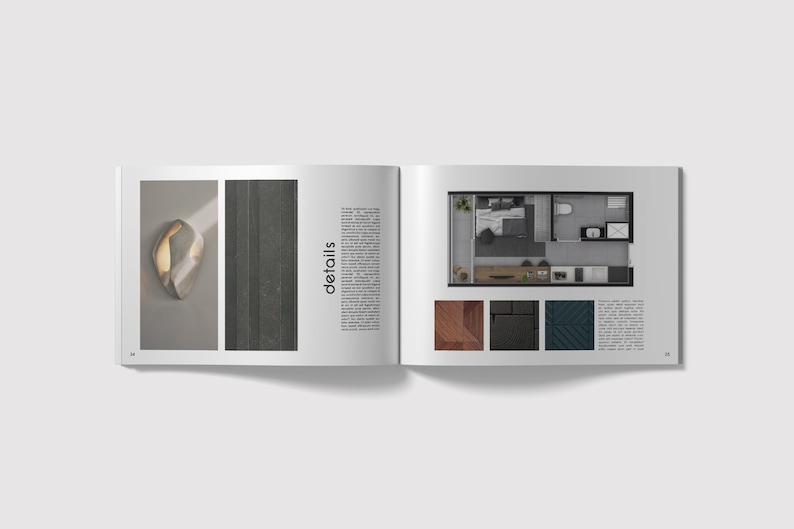 May include: A magazine spread showcasing interior design details. The left page features a close-up of a textured wall and a unique light fixture. The right page displays a floor plan of a small apartment with a bedroom, bathroom, and living area. The page also includes samples of different flooring materials.