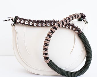 Macrame Bag Strap: Silver Plated Charm, Army Green & Beige