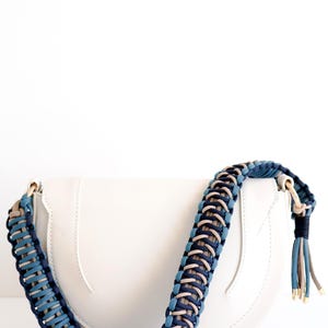 Handmade Braided Macrame Purse Strap: Two-Sided Blue Beige Shoulder Bag Holder