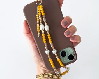 Handmade Beaded Phone Charm, Yellow Pearl, Gold Clasp, Boho Bag Accessory