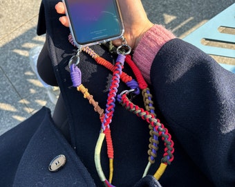 Handmade Macrame Phone Crossbody Strap Set: Purple Red Lanyard