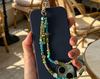 Handmade Beaded Phone Charm, Green Turquoise, Blush Pink, Lilac, Gold Clasp (Clip-On)