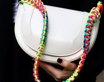 Handmade Macrame Purse Strap: Two-Sided Rainbow Neon Colors Bag Hanger