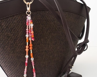 Handmade Coral Sunset Beaded Phone Charm, Gold Clasp, Boho Bag Accessory