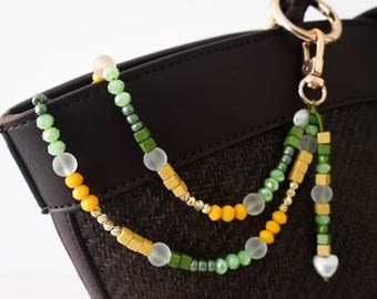 Handmade Beaded Bag Charm, Green Yellow Crystal, Wood, Pearl, Gold Clasp (Clip-On)