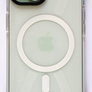 May include: A clear phone case with a white ring on the back. The ring has a white Apple logo in the center. The case has a textured pattern.