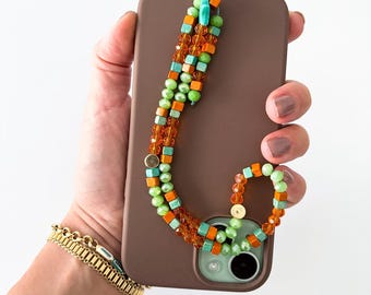 Boho Turquoise Star Beaded Bag Charm, Faceted Crystal Wristlet (Green Orange)