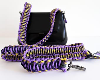 Handmade Macrame Purse Strap: Two-Sided Purple & Yellow Boho Shoulder Strap
