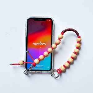 Lanière de téléphone au poignet/fil de cuir rouge élégant perles en bois chaîne de poignet/support personnalisé pour Airpods/violet chic bandoulière/porte-clés rouge bordeaux