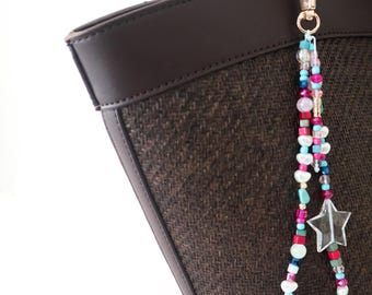 Handmade Beaded Star Charm, Rainbow Pearl, Turquoise, Gold Clasp (Phone & Bag)