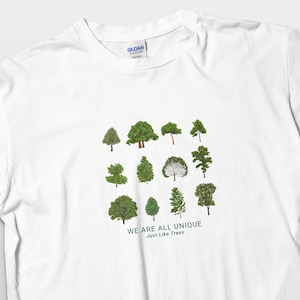 Net als bomen zwaar katoenen unisex T-shirt, uniek bomen design T-shirt, we zijn allemaal uniek t-shirt, natuurliefhebber, botanische kunst grafisch t-shirt