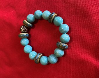 Blue Beaded Stretch Bracelet - Handmade