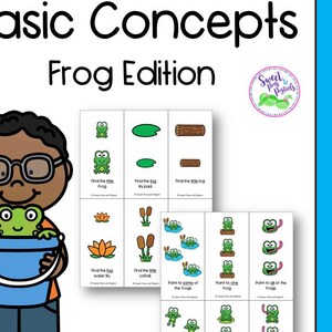 May include: A set of 120 flashcards featuring a cartoon frog and various frog-themed images. The flashcards are designed to teach basic concepts to young children. The text on the flashcards includes phrases like "Find the big water lily" and "Point to all of the frogs".