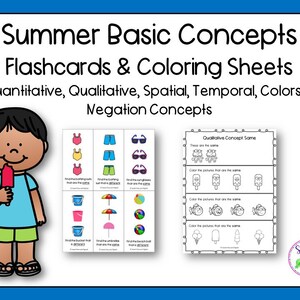 May include: Black and white printable flashcards and coloring sheets for teaching basic concepts to children. The flashcards feature summer-themed images like swimsuits, sunglasses, buckets, and beach balls. The coloring sheets have instructions to color pictures that are the same.