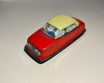Antique 1960s Tin Wind-Up Toy Car - Green HI-WAY Road Car RED