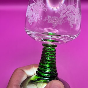 Vintage German Roemer Wine Glasses: Etched Grape Green Stem, Set of 8