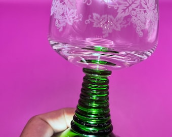 Vintage German Roemer Wine Glasses: Etched Grape Green Stem, Set of 8